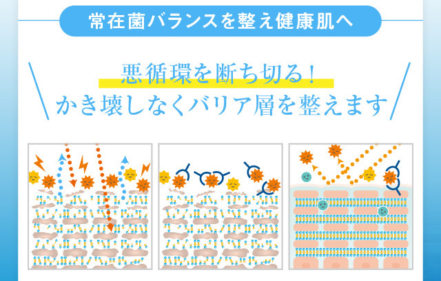 常在菌バランスを整え健康肌へ悪循環を断ち切る！かき壊しなくバリア層を整えます