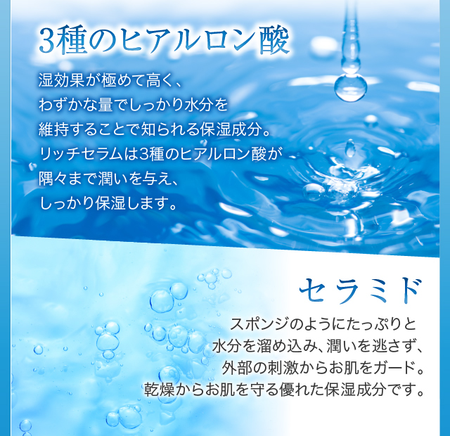 3種のヒアルロン酸湿効果が極めて高く、わずかな量でしっかり水分を維持することで知られる保湿成分。リッチセラムは3種のヒアルロン酸が隅々まで潤いを与え、しっかり保湿します。セラミドスポンジのようにたっぷりと水分を溜め込み、潤いを逃さず、外部の刺激からお肌をガード。乾燥からお肌を守る優れた保湿成分です。